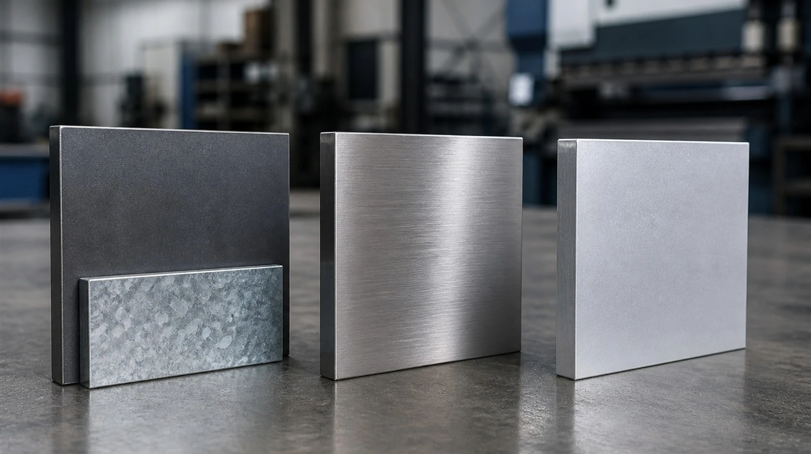 Carbon steel galvanized sample vs stainless steel vs aluminum comparison on fabrication workbench Carbon steel galvanized sample vs stainless steel vs aluminum comparison on fabrication workbench
